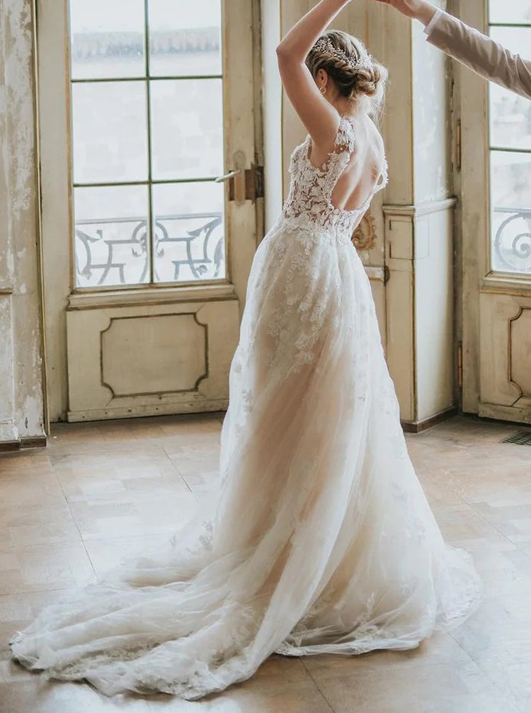 Romantic Wedding Dress,See Through 3D Floral Lace-Appliqued Bridal Gown,WD01030, US12 / White