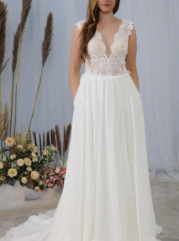 Chiffon Wedding Dress With Pockets,Beach Wedding Dress,WD01027, US20W / Ivory