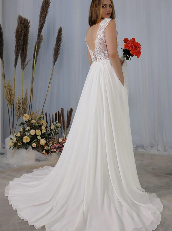 blue dress for baby girl Chiffon Wedding Dress With Pockets,Beach Wedding Dress,WD01027