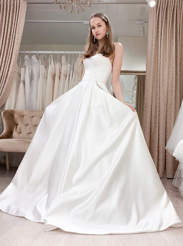 A-line Satin Wedding Dress,Modern Bridal Gown With Pockets,WD01032