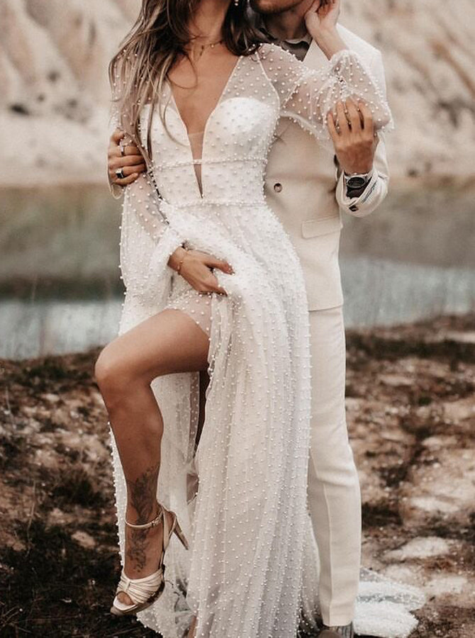 Plunging Neckline V Back Wedding Dress,Full Pearl Wedding Dress,WD01049, US16 / Champagne