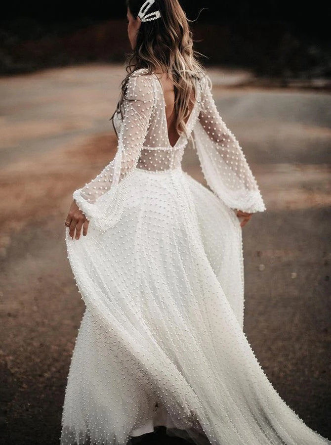 Plunging Neckline V Back Wedding Dress,Full Pearl Wedding Dress,WD01049, US16 / Champagne