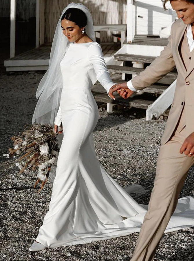 Stretch Crepe Long Sleeve Wedding Dress,Fitted Backless Bridal Gown,WD01050