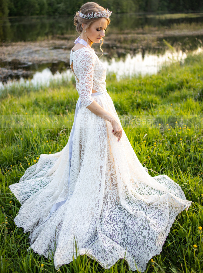 A-Line Lace Wedding Dress,Cutout Back Bridal Dress with Sash,WD01053, US4 / White