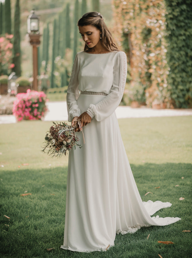 chiffon bishop sleeve wedding dress Elegant Backless Wedding Dress,Chiffon Bridal Dress With Bishop Sleeves,WD00971, US6 / Champagne