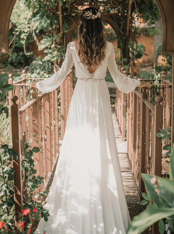 Boho Chiffon Wedding Dress,Bishop Sleeves Bridal Gown,WD01054, US8 / Ivory Boho Chiffon Wedding Dress,Bishop Sleeves Bridal Gown,WD01054, US8 / Ivory