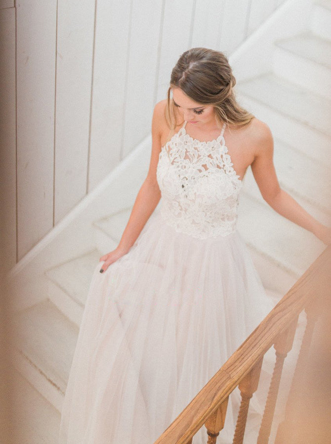 Halter Wedding Dress,Tulle Wedding Dress,Destination Wedding Dress,WD00283, US16 / Blush Pink