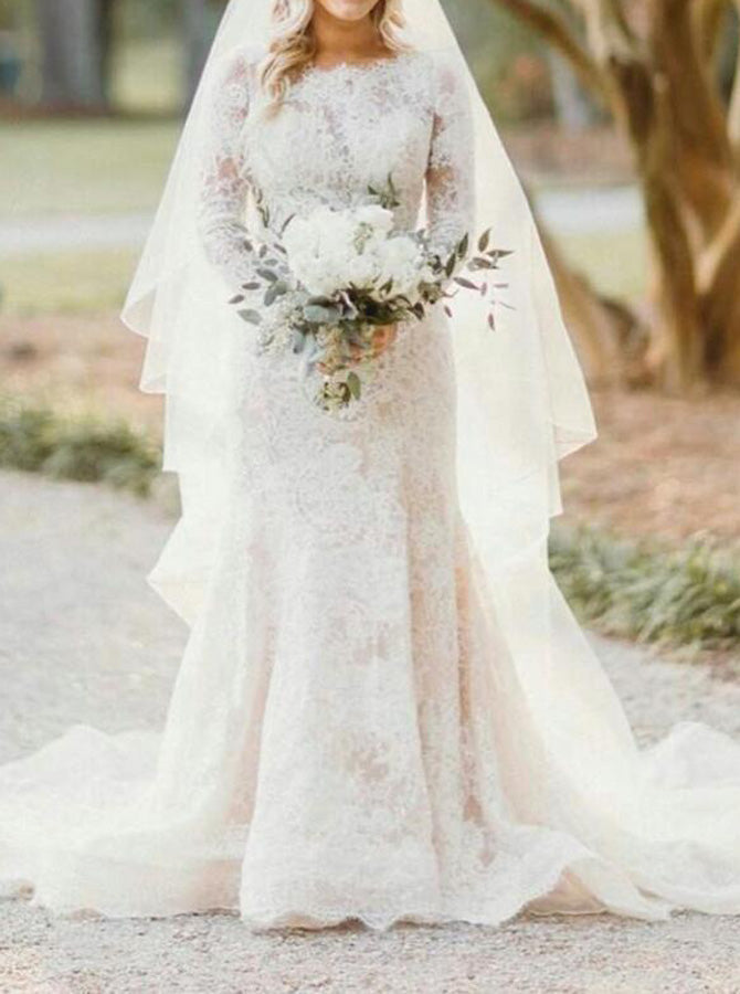 Modest Lace Bridal Gown,Fitted Wedding Dress With Sleeve,WD01055, US12 / Champagne Modest Lace Bridal Gown,Fitted Wedding Dress With Sleeve,WD01055, US12 / Champagne