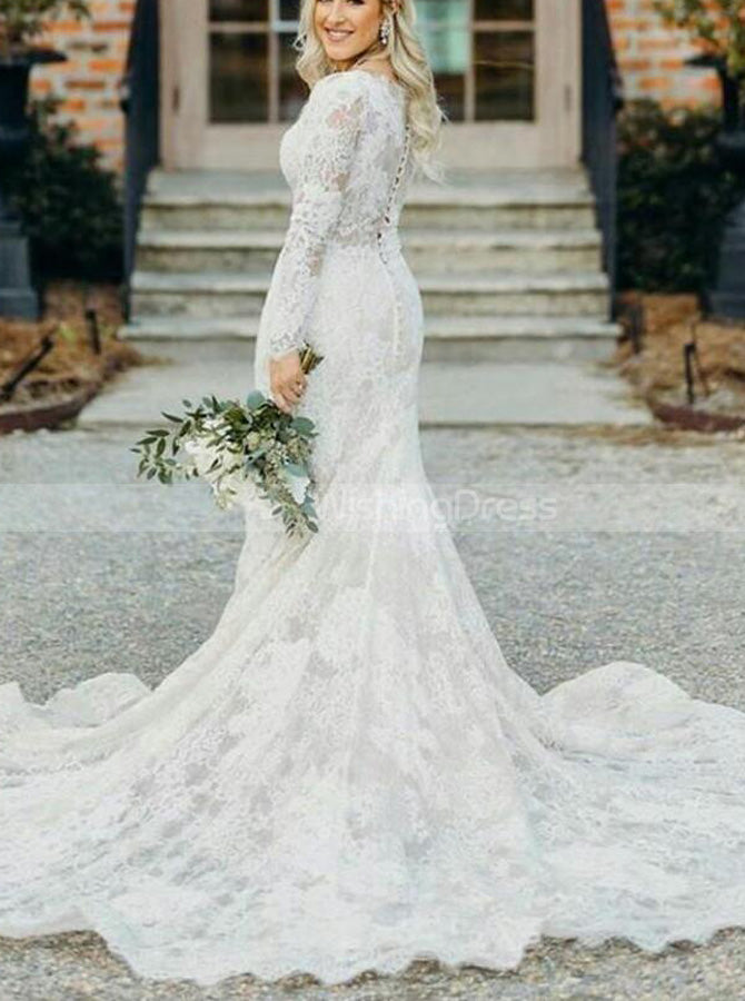 Modest Lace Bridal Gown,Fitted Wedding Dress With Sleeve,WD01055 - Wishingdress Modest Lace Bridal Gown,Fitted Wedding Dress With Sleeve,WD01055 - Wishingdress