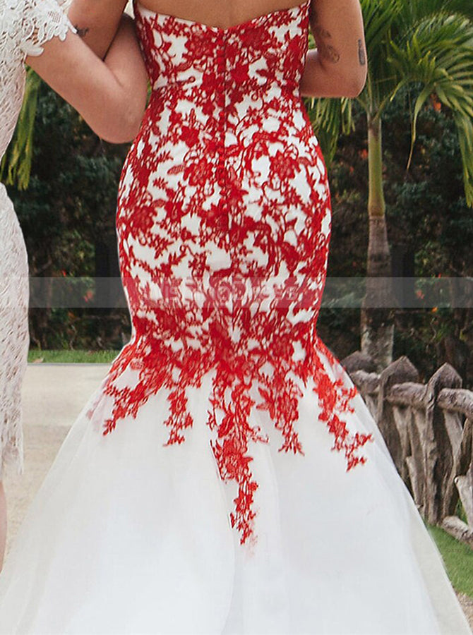 Trumpet Wedding Dress,Red Lace Appliques Over White Tulle Bridal