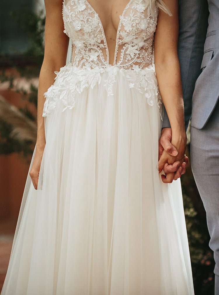 Plunging Neckline Destination Wedding Dress,V Back Bridal Dress,WD01057, US8 / Ivory
