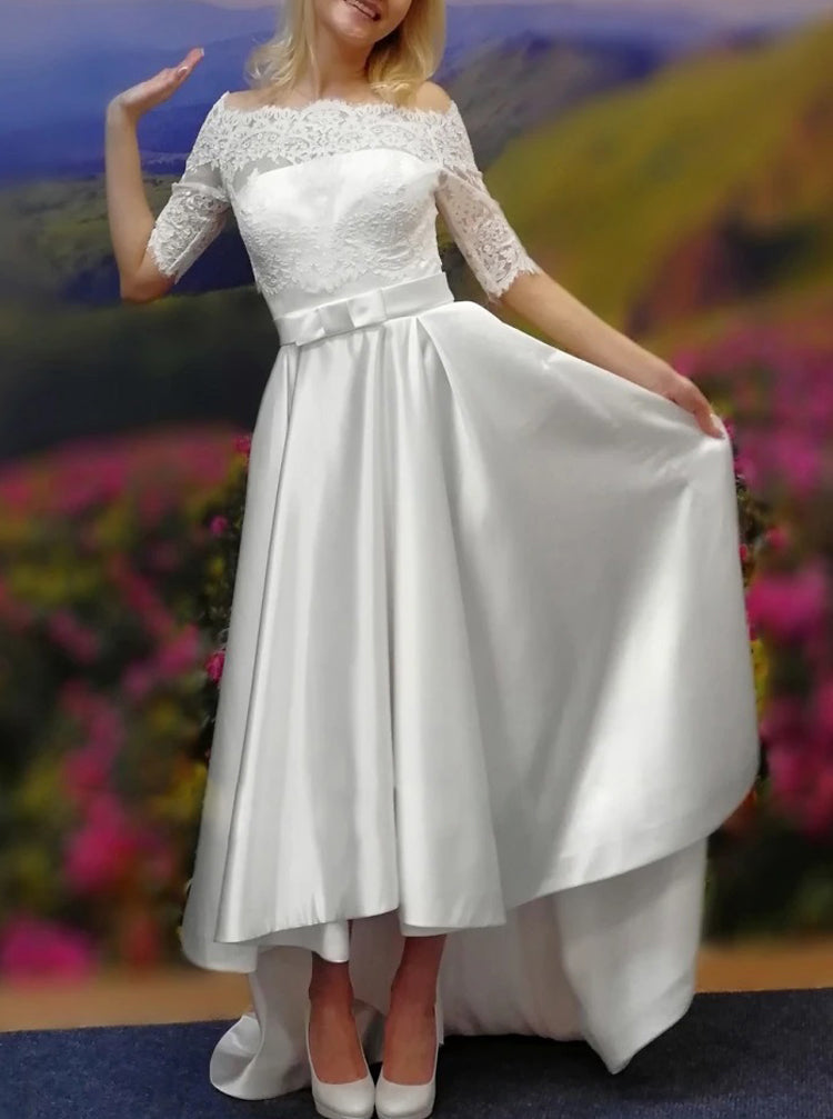 Satin High Low Wedding Dress With Lace Jacket,Classic Bridal Dress,WD01036, US8 / Black Satin High Low Wedding Dress With Lace Jacket,Classic Bridal Dress,WD01036, US8 / Black