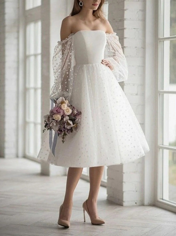 Off The Shoulder Short Wedding Dress,Polka Dots Tulle Bridal Dress,WD01038, US26W / White Off The Shoulder Short Wedding Dress,Polka Dots Tulle Bridal Dress,WD01038, US26W / White
