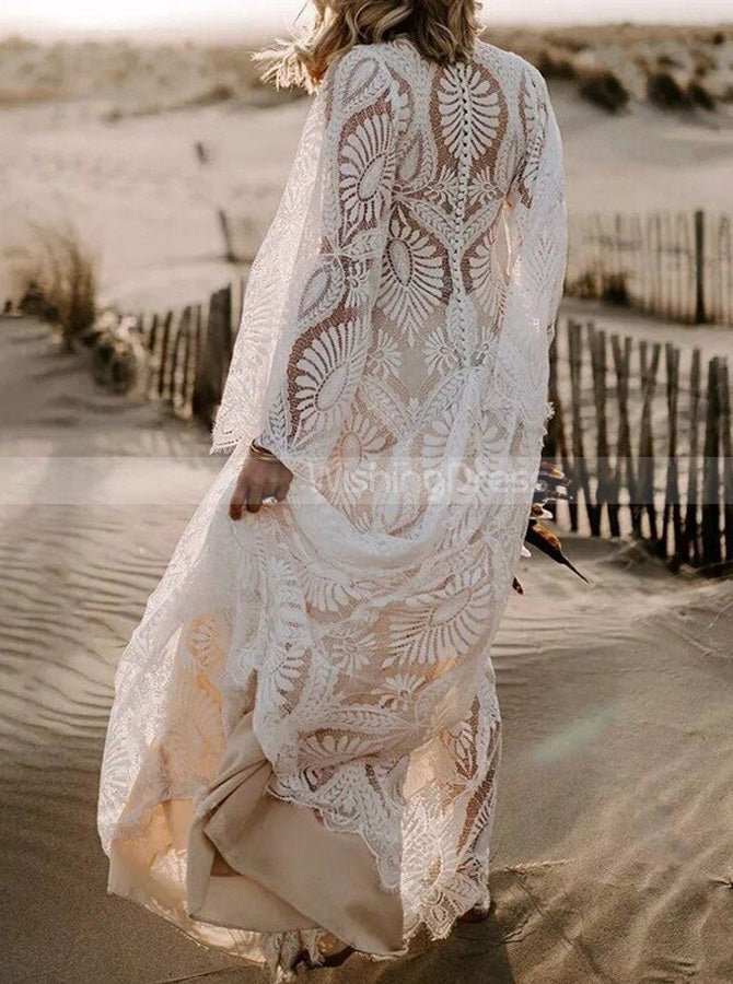 Boho Lace Wedding Dress,Batwing Sleeves Destination Bridal Dress,WD01041, US14W / Champagne