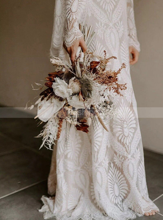Boho Lace Wedding Dress,Batwing Sleeves Destination Bridal Dress,WD01041, US14W / Champagne Boho Lace Wedding Dress,Batwing Sleeves Destination Bridal Dress,WD01041, US14W / Champagne