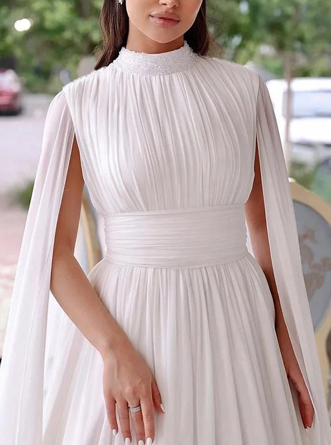 A-line Chiffon Wedding Dress With Cape Sleeves,High Neck Bridal Gown,W - Wishingdress A-line Chiffon Wedding Dress With Cape Sleeves,High Neck Bridal Gown,W - Wishingdress