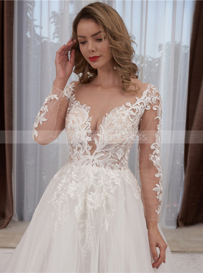 A-Line Wedding Gown with Sheer Sleeve,Illusion Neckline Wedding Dress,WD01059, US18W / White A-Line Wedding Gown with Sheer Sleeve,Illusion Neckline Wedding Dress,WD01059, US18W / White