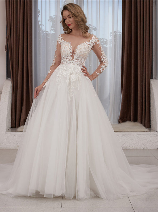 sheer sleeve wedding dress A-line Wedding Gown With Sheer Sleeve,Illusion Neckline Wedding Dress,WD01059, US18W / White