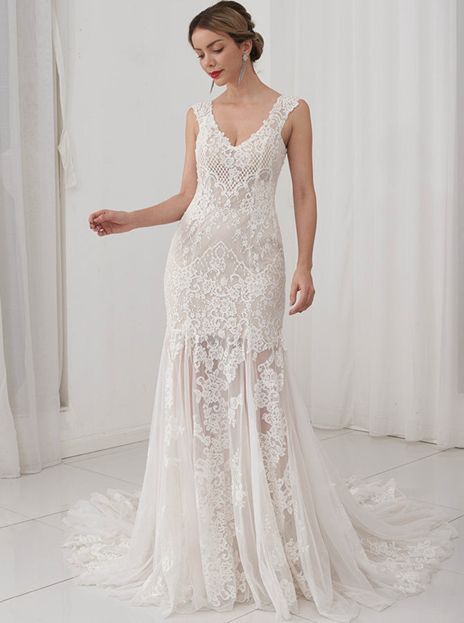 Lace Beach Wedding Dress,Sheath Open Back Bridal Dress,WD01062, US24W / White
