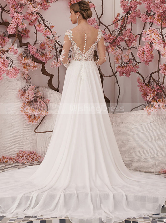A-line Chiffon Wedding Dress,Illusion Neckline Beach Wedding Dress,WD01064, US4 / Champagne A-line Chiffon Wedding Dress,Illusion Neckline Beach Wedding Dress,WD01064, US4 / Champagne