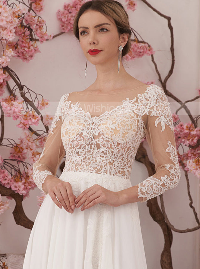 A-Line Chiffon Wedding Dress,Illusion Neckline Beach Wedding Dress,WD01064, US4 / Champagne A-Line Chiffon Wedding Dress,Illusion Neckline Beach Wedding Dress,WD01064, US4 / Champagne