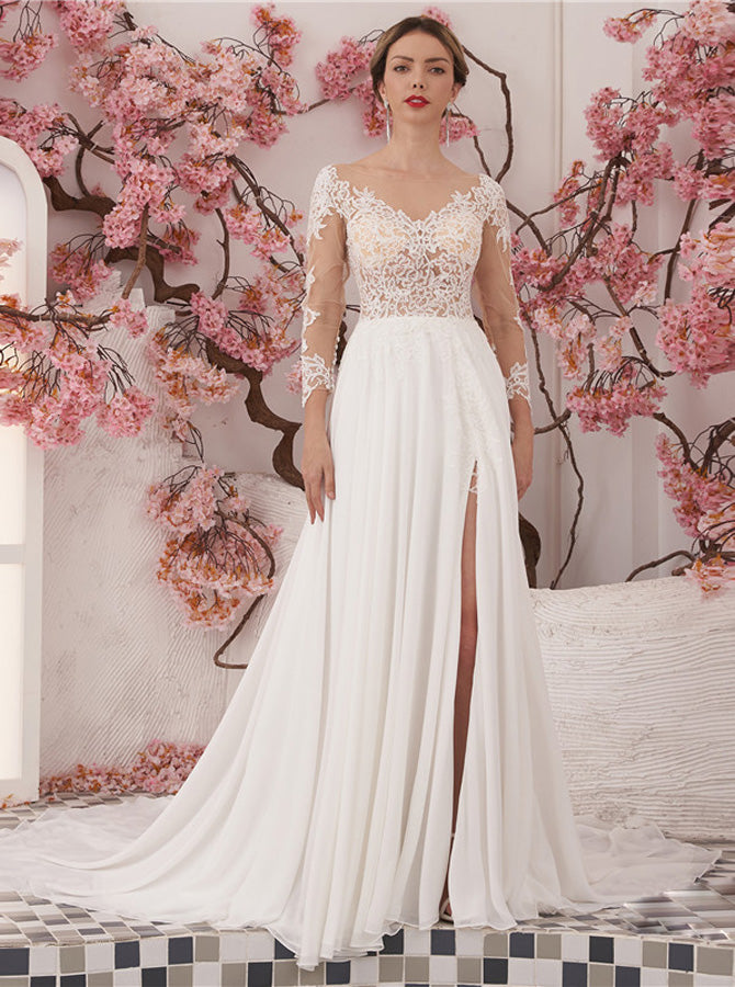 A-Line Chiffon Wedding Dress,Illusion Neckline Beach Wedding Dress,WD01064, US4 / Champagne A-Line Chiffon Wedding Dress,Illusion Neckline Beach Wedding Dress,WD01064, US4 / Champagne