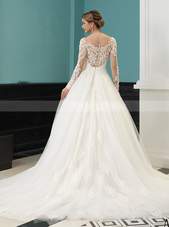 chinese dress ladies A-Line Tulle Bridal gown,long Sleeve Scoop Neckline Wedding Dress,WD01065, US10 / Champagne