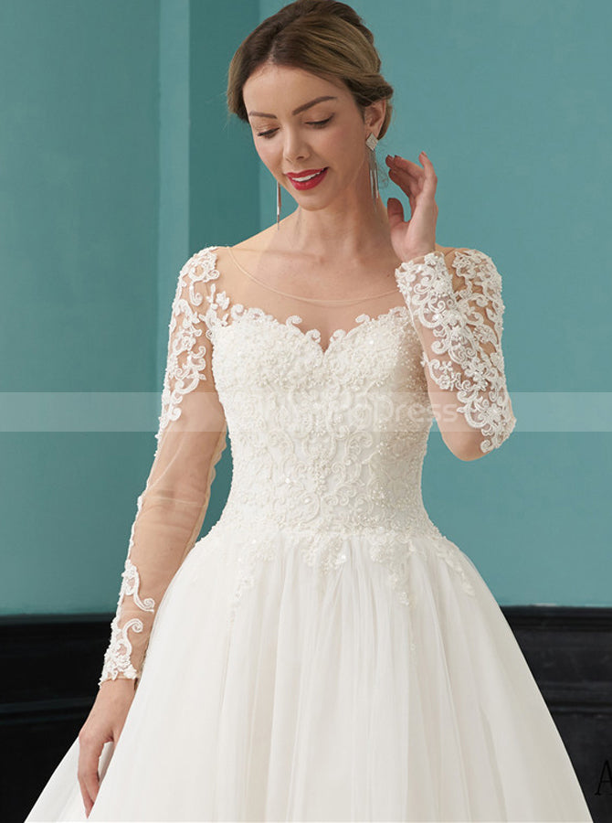 A-line Tulle Bridal Gown,Long Sleeve Scoop Neckline Wedding Dress,WD01065, US14 / Champagne A-line Tulle Bridal Gown,Long Sleeve Scoop Neckline Wedding Dress,WD01065, US14 / Champagne