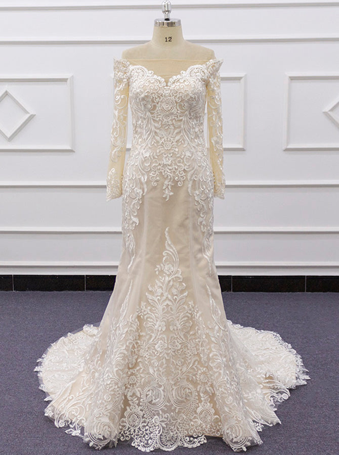 slim fit dress slacks Off The Shoulder Bridal Gown with Sleeve,Fit and Flare Wedding Dress,WD01068, US14 / Ivory