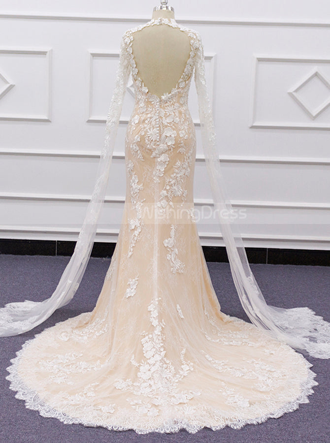 Romantic Cutout Back Bridal Gown,Lace Wedding Dress With Floor-sweeping Sleeve,WD01070 Romantic Cutout Back Bridal Gown,Lace Wedding Dress With Floor-sweeping Sleeve,WD01070