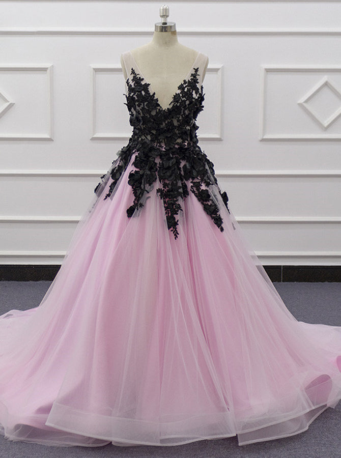 Black And Pink Wedding Gown,Princess V-neck Bridal Gown,WD01071, US26W / White Black And Pink Wedding Gown,Princess V-neck Bridal Gown,WD01071, US26W / White