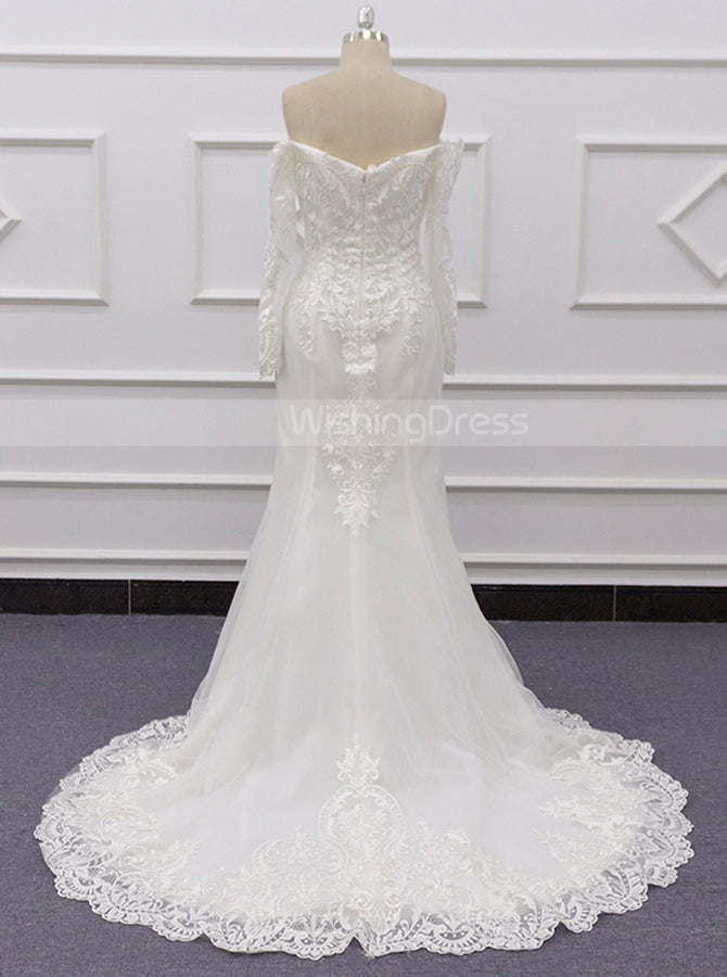 off the shoulder wedding dress trumpet Ivory Off The Shoulder Bridal Dress,Trumpet Wedding Dress With Overski