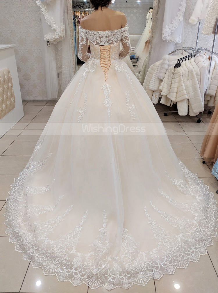 A-line Off The Shoulder Bridal Gown,Long Sleeve Princess Wedding Gown,