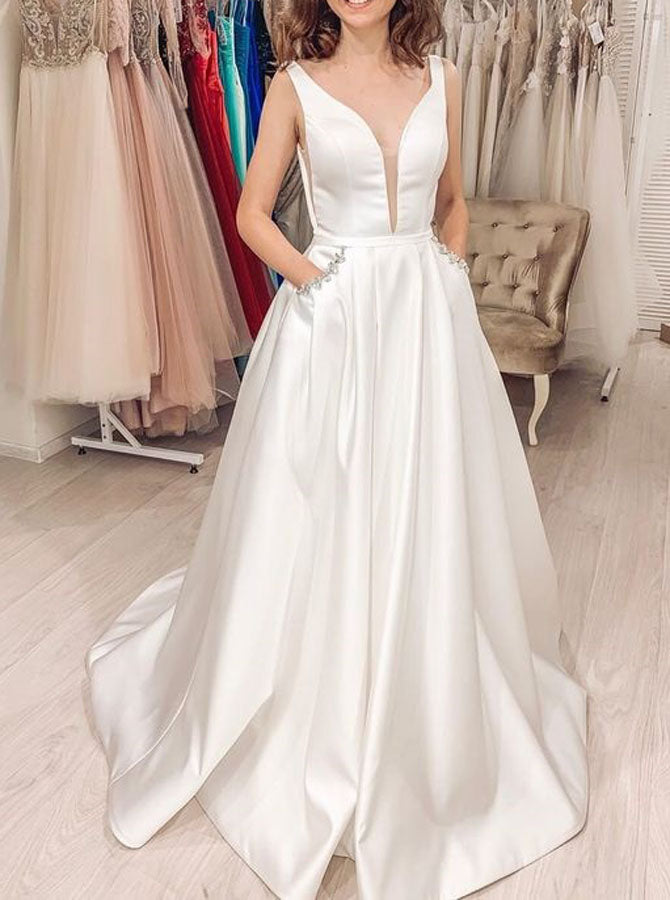 A-line Wedding Dress With Pockets,Satin Bridal Gown,WD01091, US26W / White