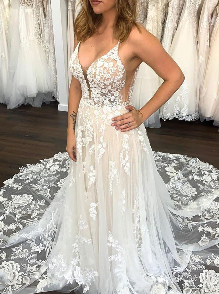 a line low cut wedding dress Sexy A Line Wedding Dress Plunge Neck Satin Split