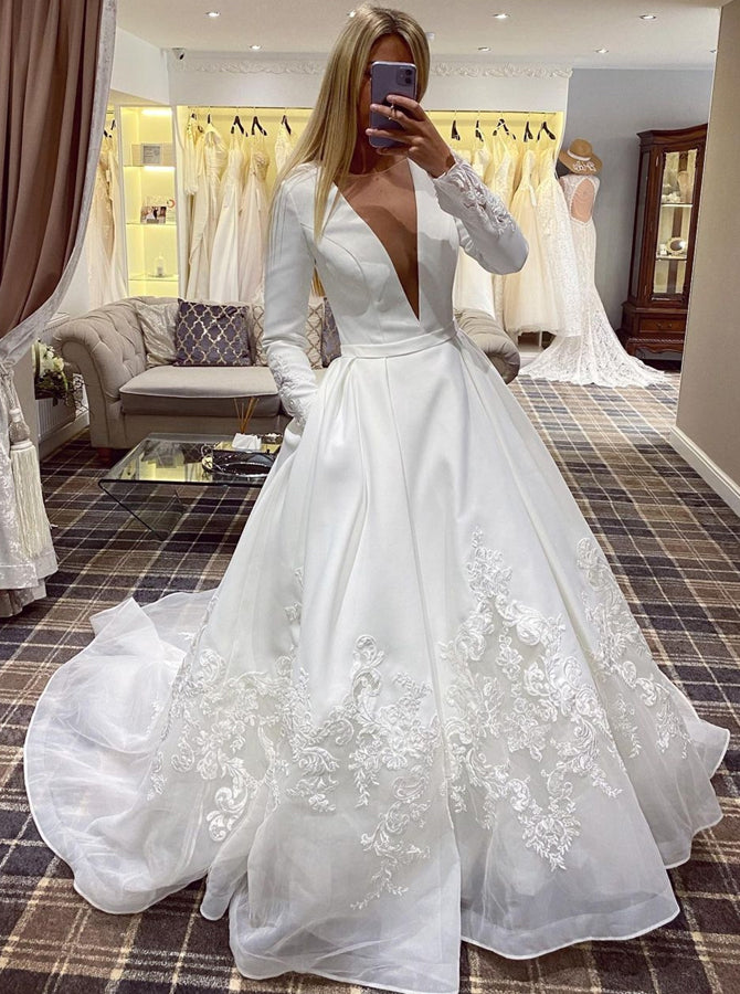 Modest A-Line Bridal Gown,A-Line Wedding Dress with Sleeve,WD01107, US14W / White