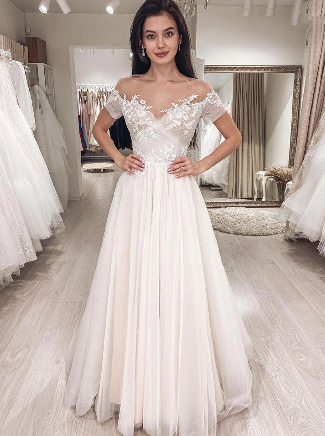 A-line Wedding Dress With Short Sleeve,Illusion Neckline Wedding