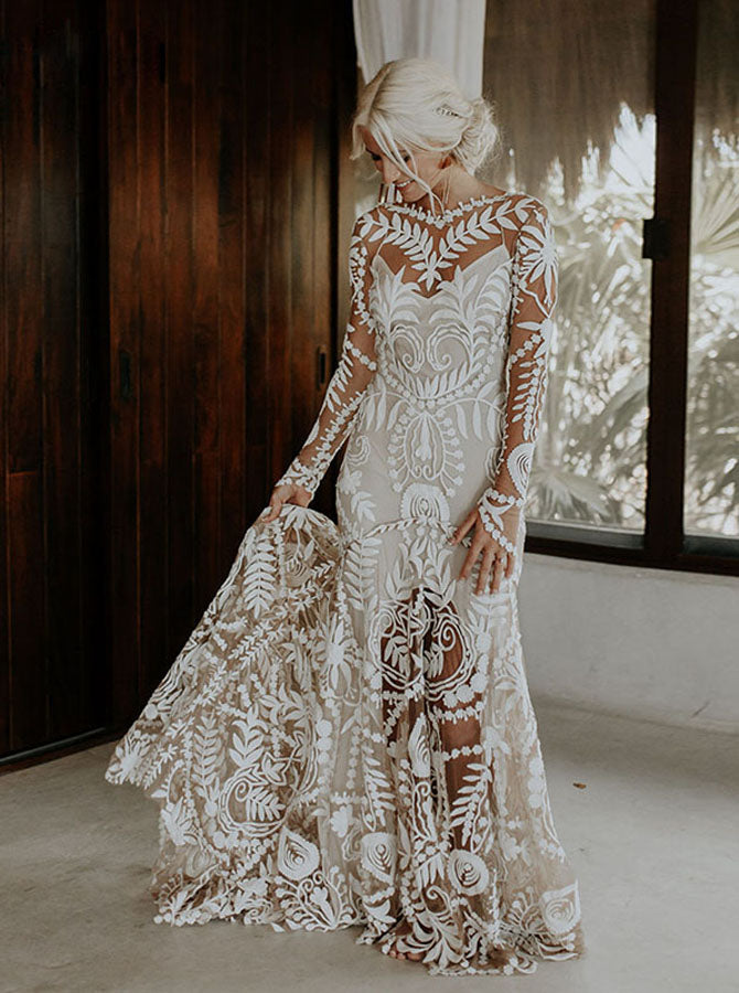 Boho Lace Wedding Dress With Sleeve,V Back Destination Bridal Dress,WD01116, US14 / Champagne Boho Lace Wedding Dress With Sleeve,V Back Destination Bridal Dress,WD01116, US14 / Champagne