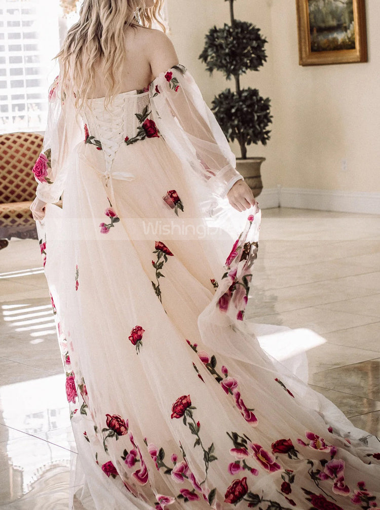 Romantic Rose Appliques Wedding Dress,Fairytales Bridal Gown With Removable Sleeve,WD01118, US6 / White