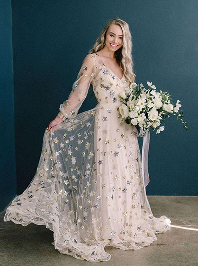princess polly baby blue dress Stars Wedding Dress V Neck,Light Champagne Long Sleeve Bohemian Bridal Gowns,WD01117, US8 / Black