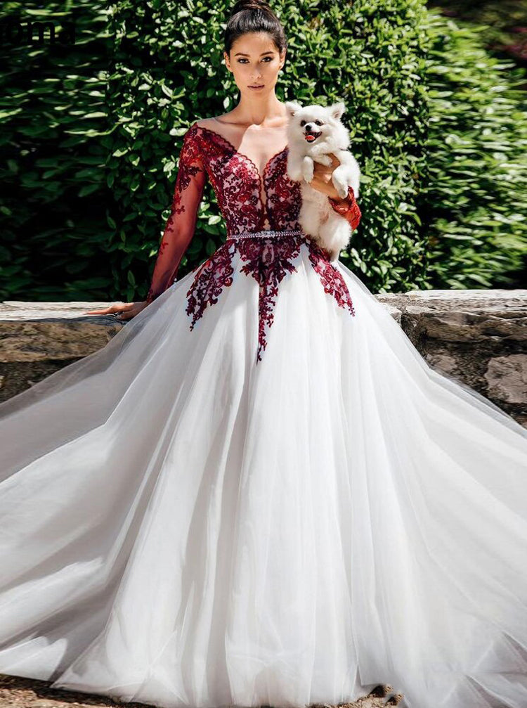 Illusion Neckline Long Sleeve Wedding Dress,Burgundy White Bridal Dress,WD00868, US2 / Black Illusion Neckline Long Sleeve Wedding Dress,Burgundy White Bridal Dress,WD00868, US2 / Black