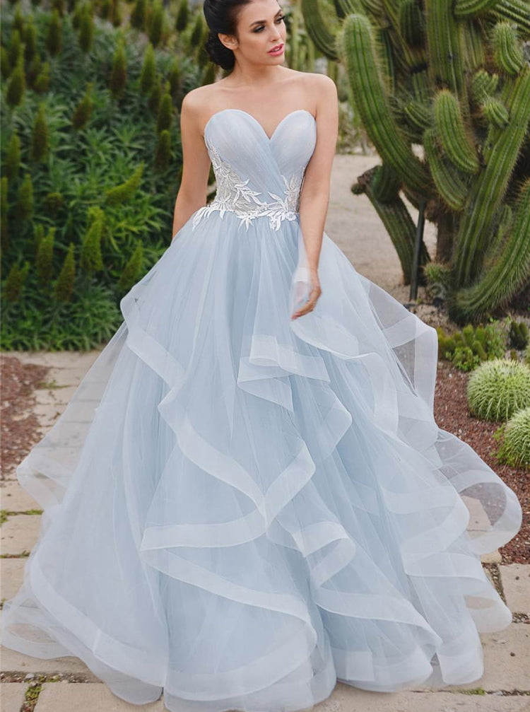 Sky Blue Sweetheart Neckline Wedding Gown,Flounce Tulle Skirt