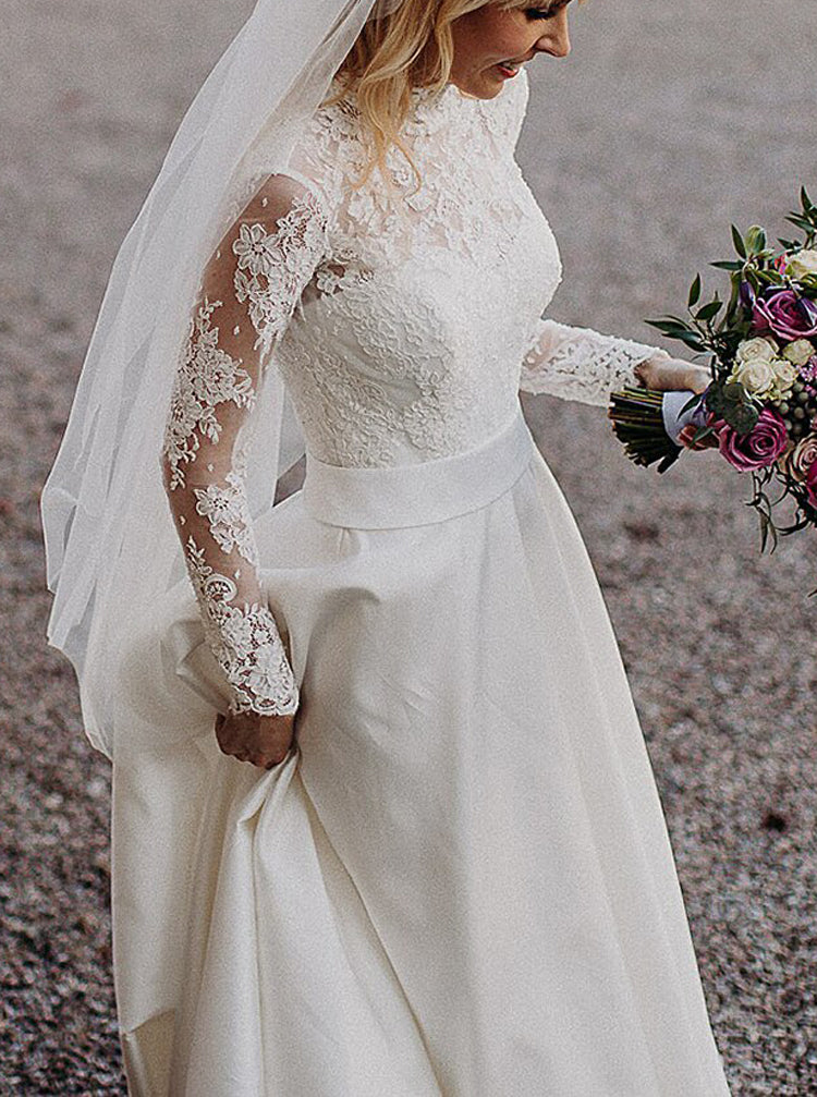 A-line Lace Bodice Satin Skirt Wedding Gown, Modest Bridal Dress With Sleeve,WD00873, US6 / Champagne A-line Lace Bodice Satin Skirt Wedding Gown, Modest Bridal Dress With Sleeve,WD00873, US6 / Champagne