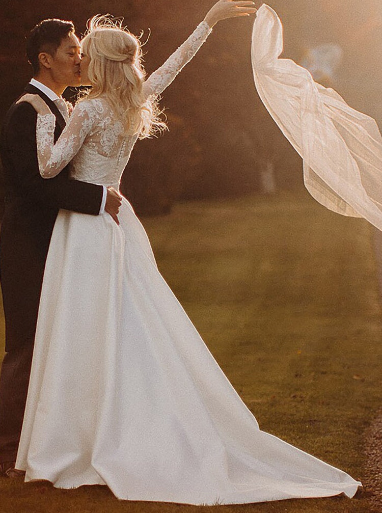 Brown Long Dress With White Lace Bodice Long Chiffon Beach Wedding