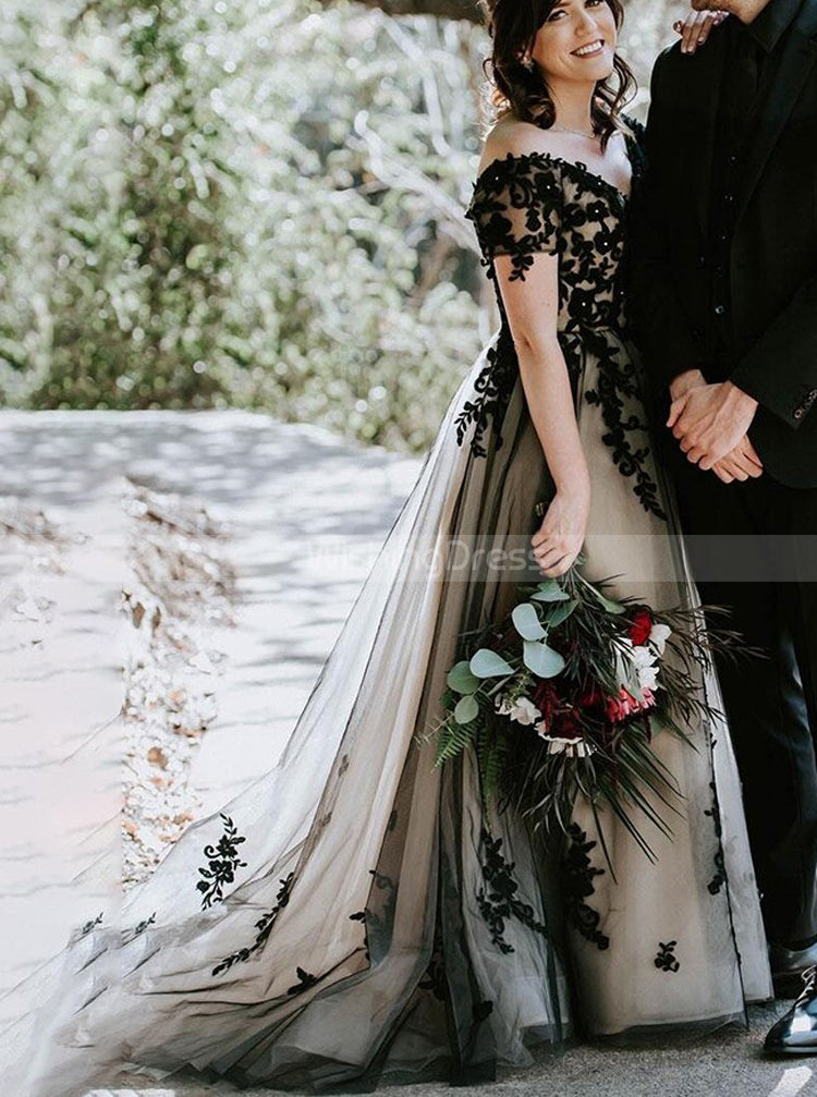 Off The Shoulder Plus Size Wedding Dress,Black Bridal Gown,WD00875