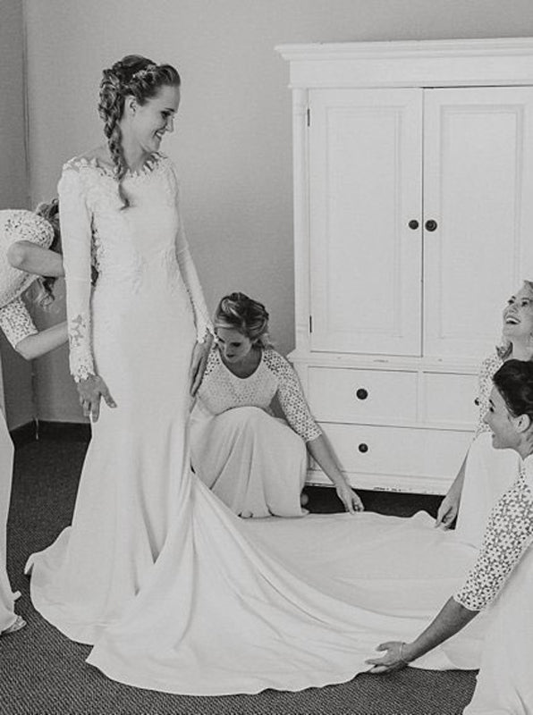 Stretch Crepe Wedding Dress With Sleeve, Illusion Back Bridal Gown,WD00878, US10 / Ivory Stretch Crepe Wedding Dress With Sleeve, Illusion Back Bridal Gown,WD00878, US10 / Ivory