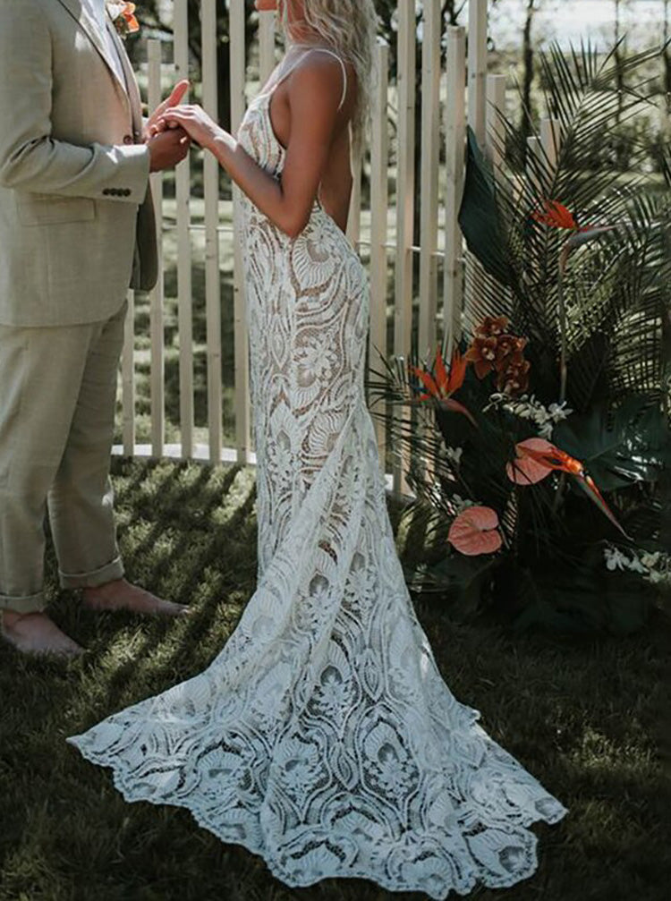 Boho Lace Wedding Dress,Spaghetti Straps Open Back Bridal Gown,WD00879, US6 / Ivory