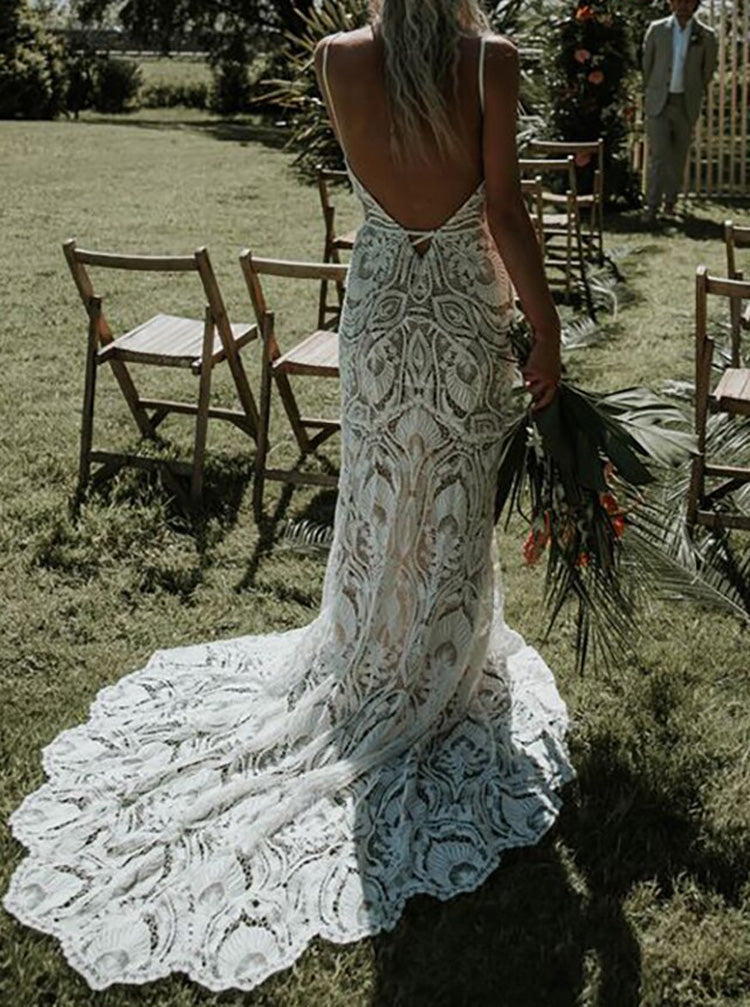Boho Lace Wedding Dress,Spaghetti Straps Open Back Bridal Gown,WD00879, US6 / Ivory