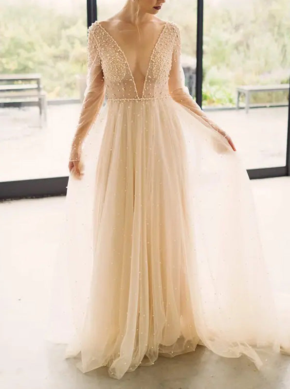 Champagne Wedding Dress With Sleeve,Pearl Wedding Dress,WD00883, US14W / Ivory Champagne Wedding Dress With Sleeve,Pearl Wedding Dress,WD00883, US14W / Ivory