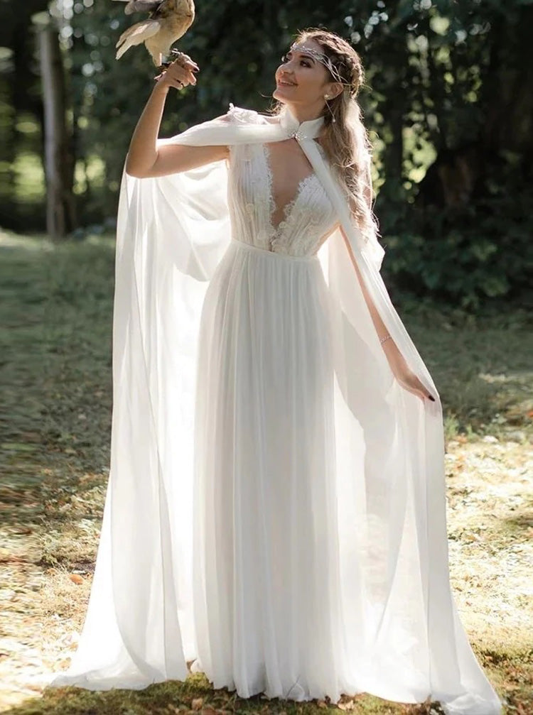 Boho Wedding Dress With Cape,Chiffon Wedding Dress,WD00885, US20W / White Boho Wedding Dress With Cape,Chiffon Wedding Dress,WD00885, US20W / White